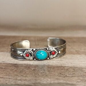 Silver Cuff Bracelet with Turquoise and Red Accents